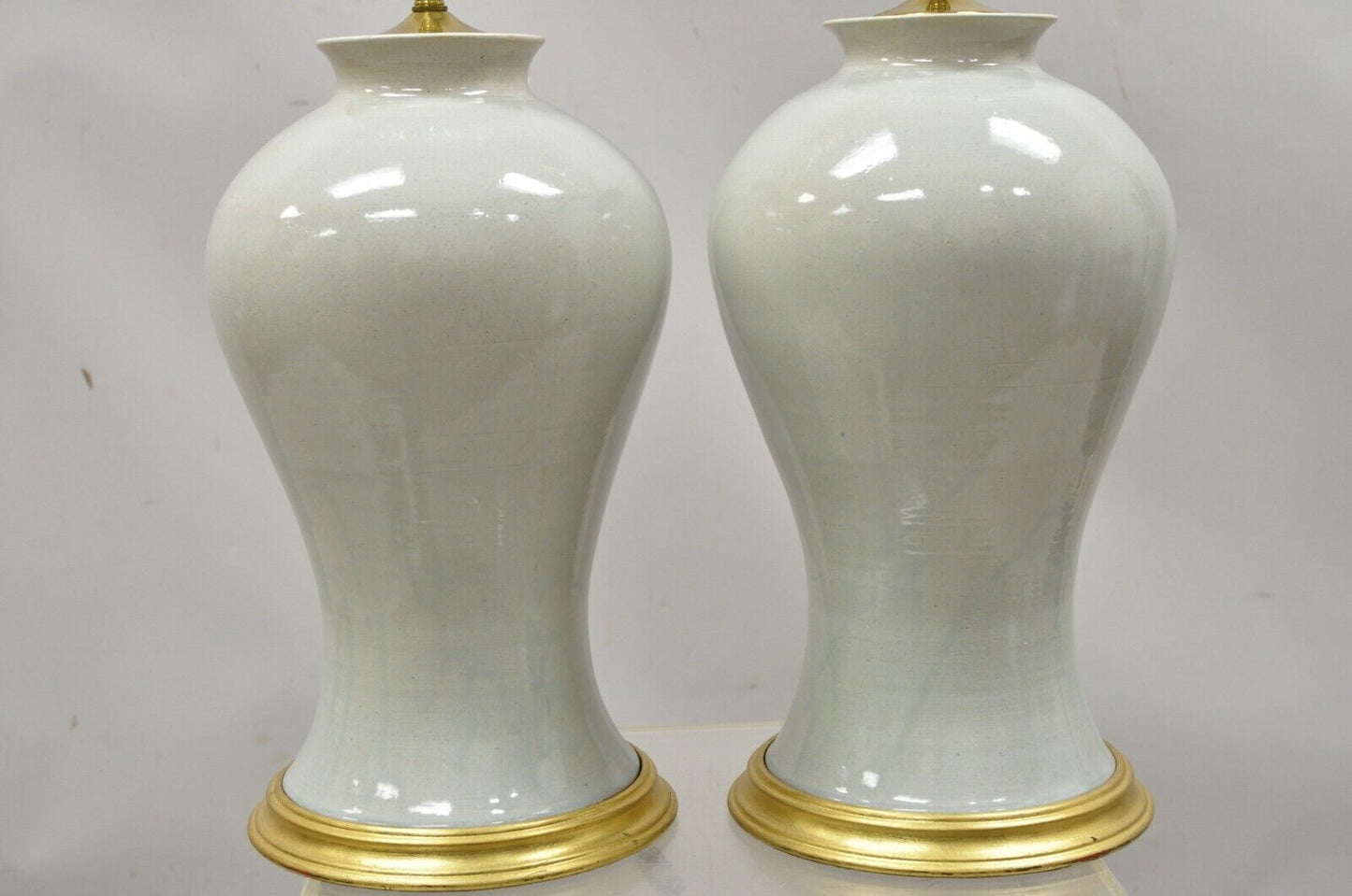 Modern Celadon Green Glazed Ceramic Brass Bulbous Stoneware Table Lamps - a Pair