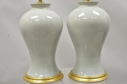 Modern Celadon Green Glazed Ceramic Brass Bulbous Stoneware Table Lamps - a Pair