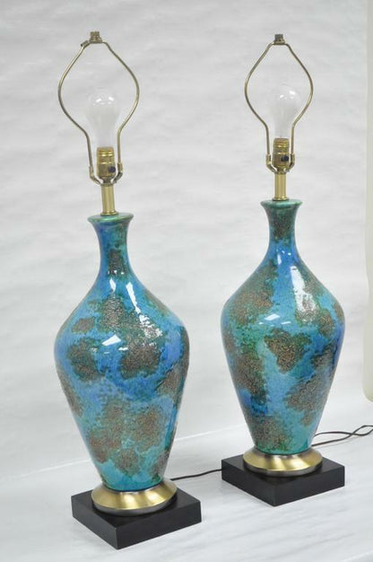 Pair of Mid Century Italian Modern Blue Glazed Ceramic Pottery Table Lamps