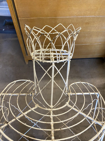 Antique 19th C Victorian White Wire Metal 3 Tier Half Round Garden Plant Stand