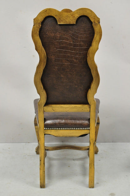Italian Baroque Rococo Carved Wood Brown Reptile Print Dining Chairs - Set of 4
