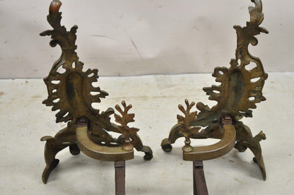 Antique French Rococo Baroque Style Brass Leafy Acanthus Andirons - a Pair