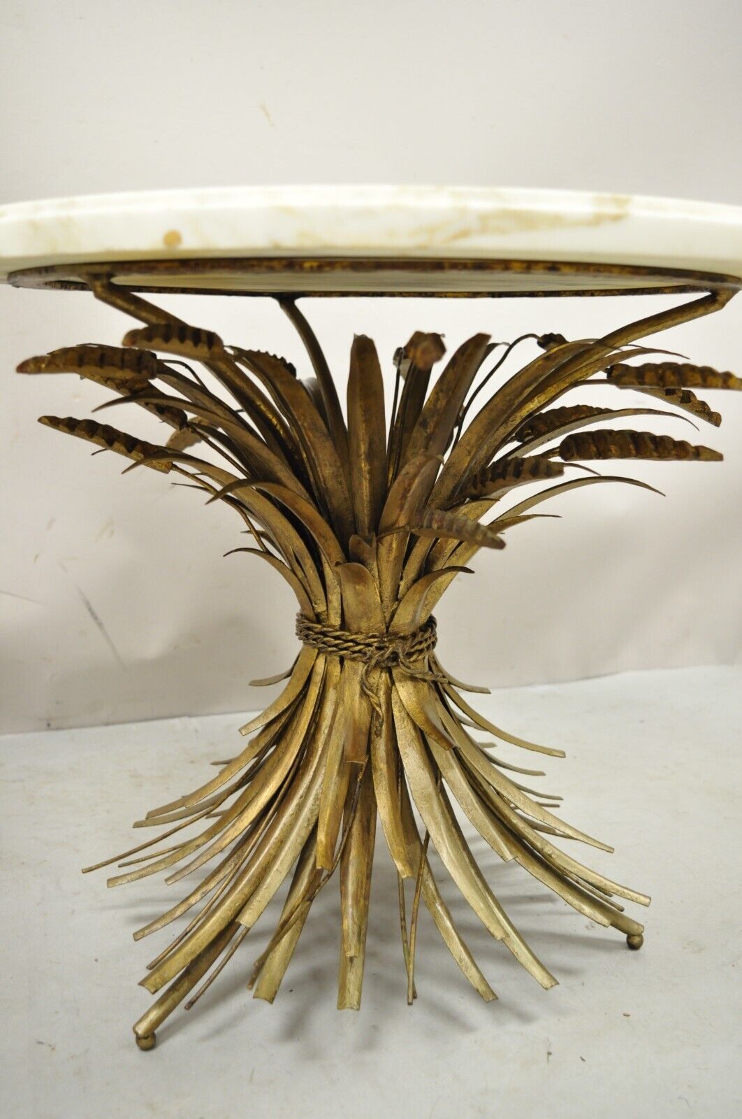 Pair Italian Hollywood Regency Gold Gilt Iron Wheat Sheaf Marble Top Side Table