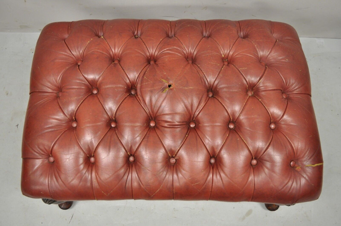 Vtg Brown Leather English Chesterfield Queen Anne Style Tufted Ottoman Footstool