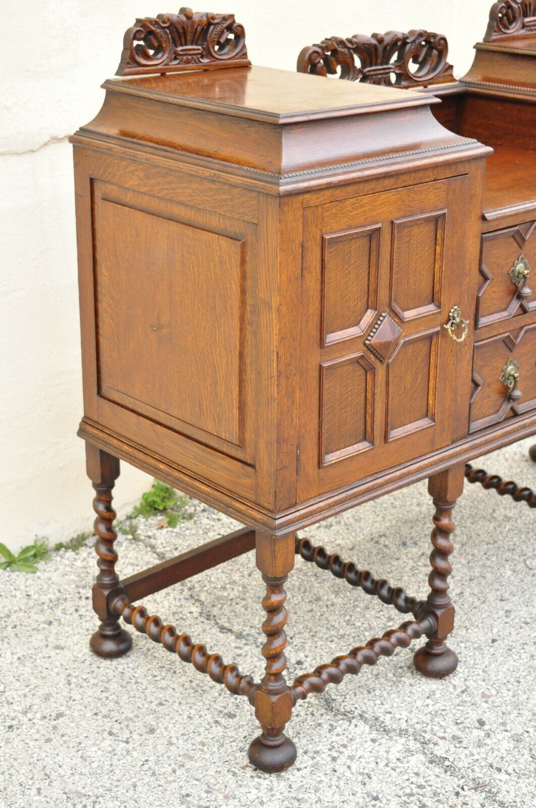 Antique English Jacobean Renaissance Spiral Barley Twist Oak Sideboard Buffet