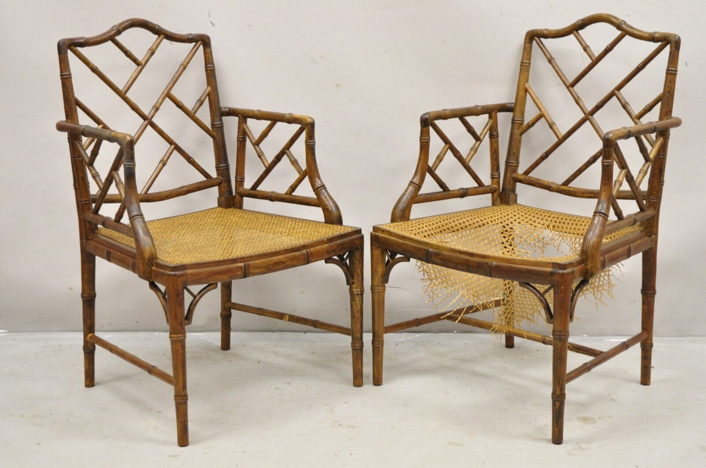 Chinese Chippendale Hollywood Regency Faux Bamboo Cane Dining Chairs - Set of 6