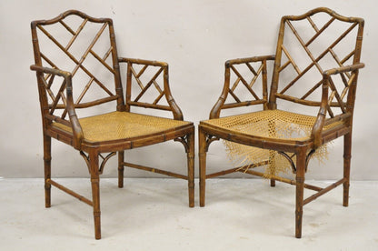 Chinese Chippendale Hollywood Regency Faux Bamboo Cane Dining Chairs - Set of 6