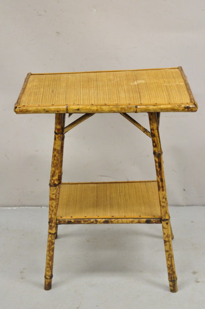 Antique English Victorian Bamboo and Cane 2 Tier Plant Stand Side Table