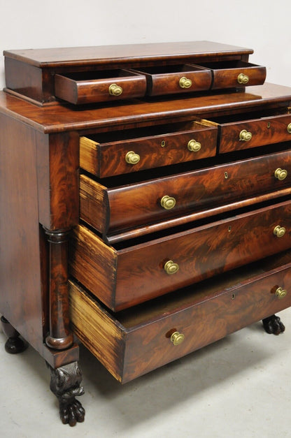 Antique American Empire Crotch Mahogany Chest Drawers Step Back Dresser Paw Feet