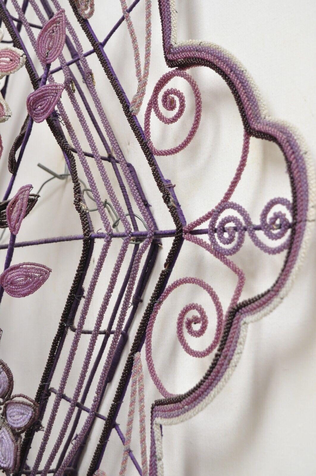 French Victorian Glass Beaded Purple Flower Casket Wreath Wall Sculpture (A)