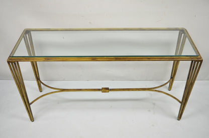 Italian Modern Gold Gilt Heavy Iron Base Glass Top 56" Console Sofa Hall Table