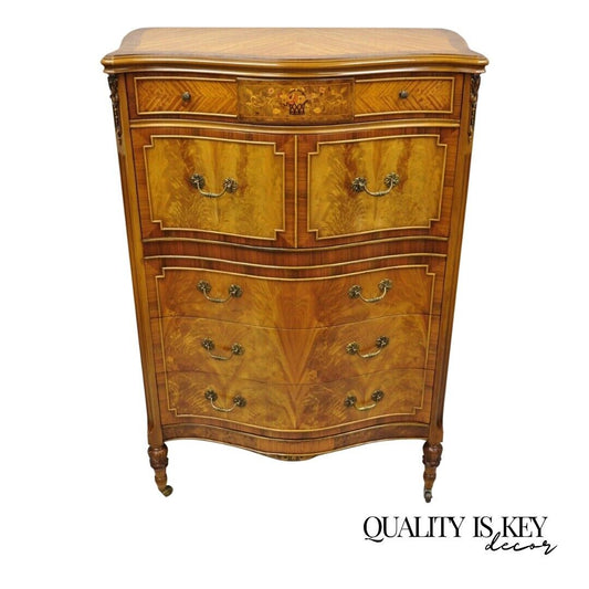 French Louis XV Style Satinwood Serpentine Highboy Tall Chest Dresser by Joerns