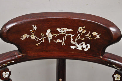 Vintage Chinese Carved Hardwood Corner Lounge Chair with Mother of Pearl Inlay