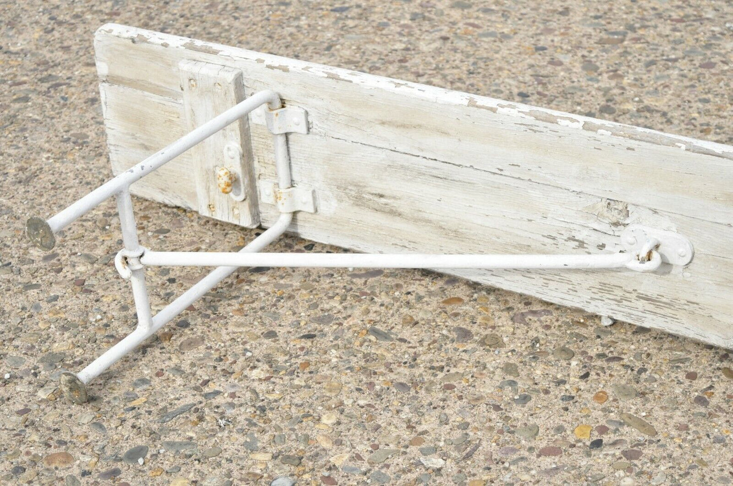 Antique French Industrial 94" Long White Distress Paint Wrought Iron Wood Bench