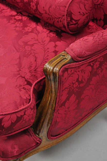 French Country Louis XV Style Carved Mahogany Burgundy Wingback Settee Sofa