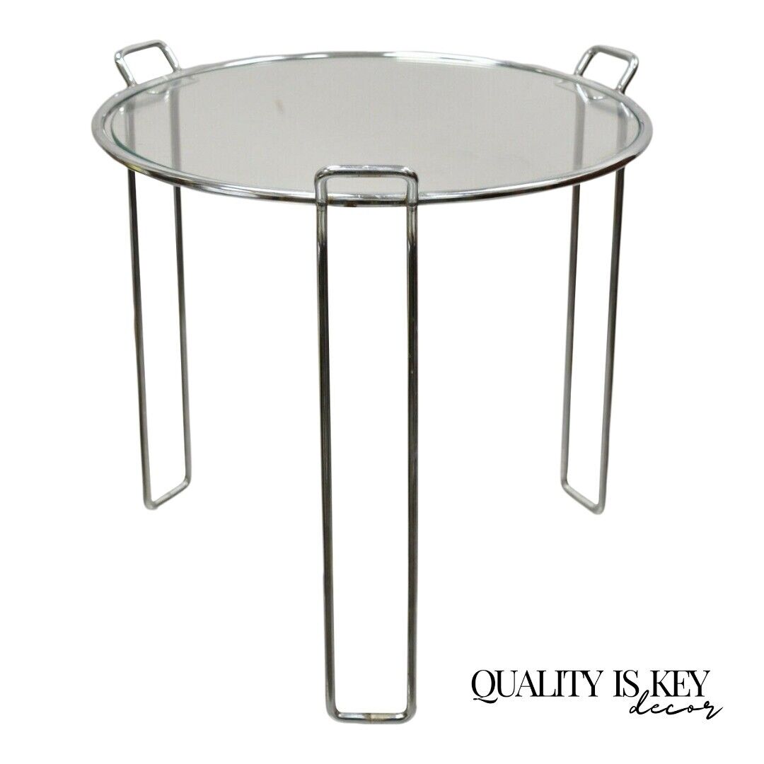 Vintage Mid Century Modern Round Modernist Chrome Frame Glass Side Table