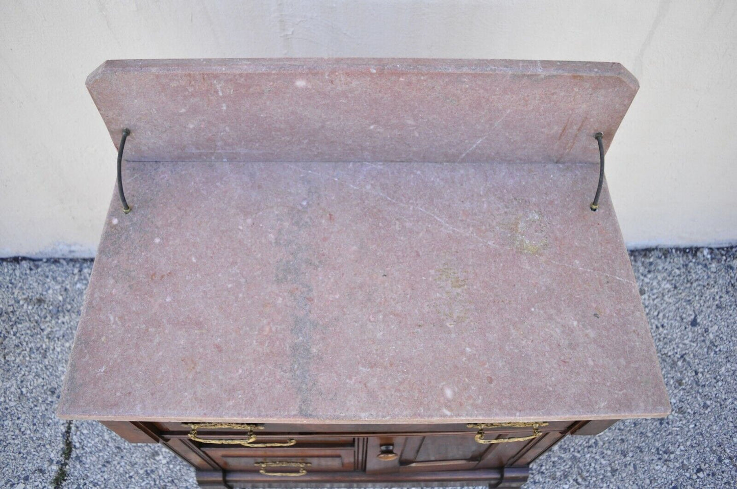 Antique Eastlake Victorian Walnut Washstand Commode with Marble Top Backsplash