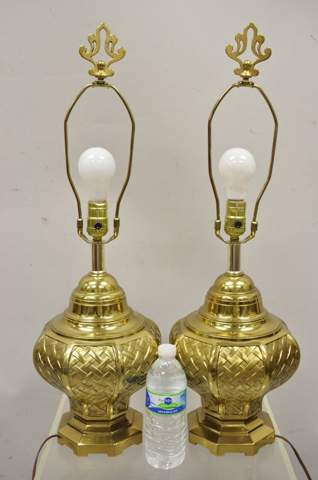 Vintage Brass Woven Basket Basketweave Hollywood Regency Table Lamps - a Pair