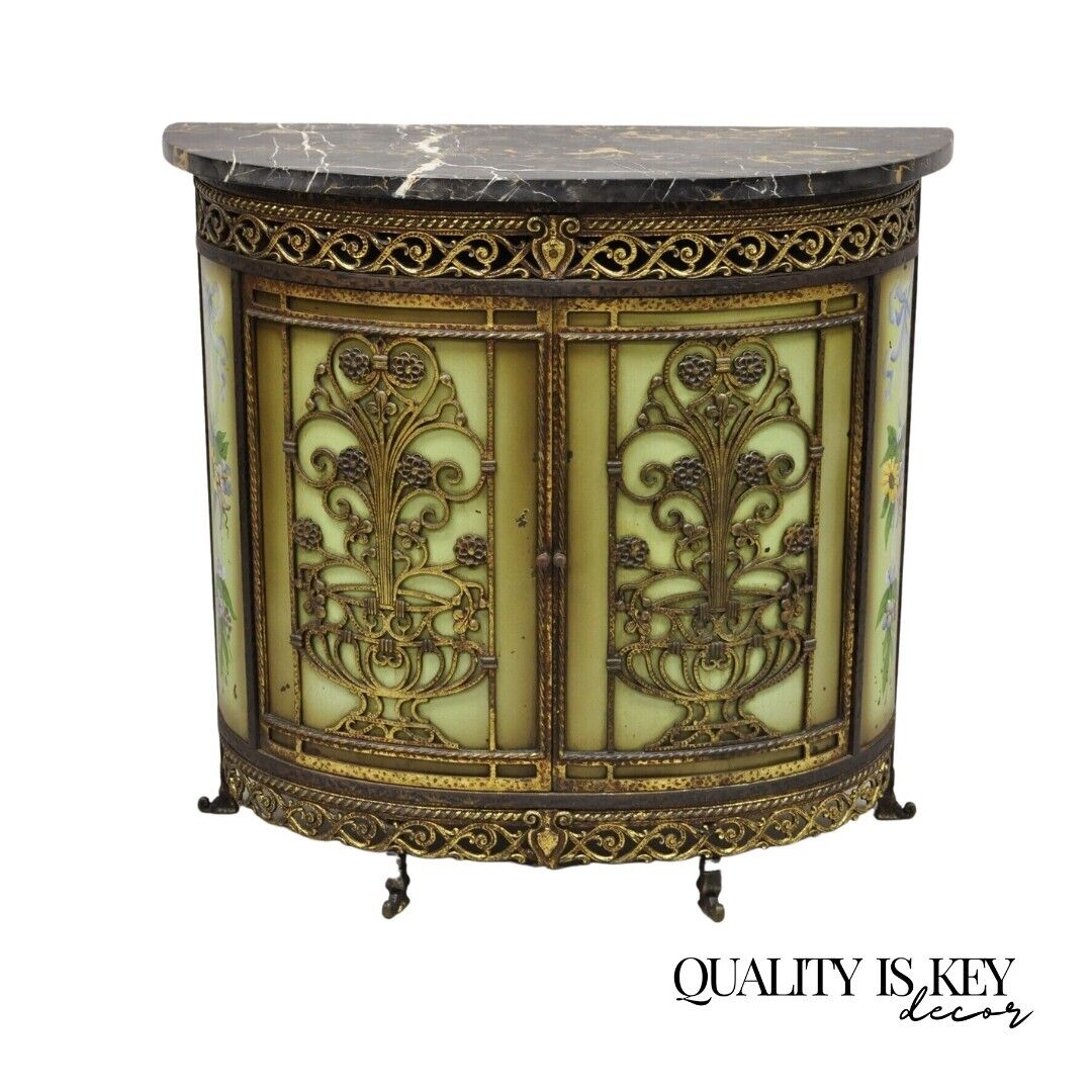 French Victorian Wrought Iron Oscar Bach Demilune Marble Top Console Cabinet