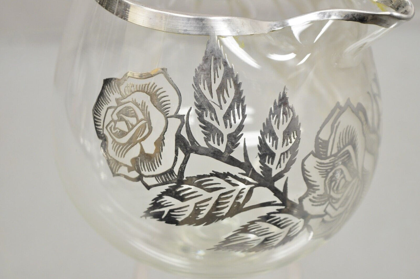 Vintage Art Nouveau Floral Sterling Silver Overlay Glass Footed Water Pitcher