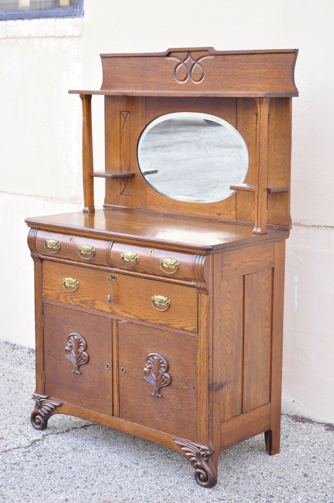 Antique Victorian Oak Wood Sideboard Buffet with Mirror Hutch Backsplash Shelf