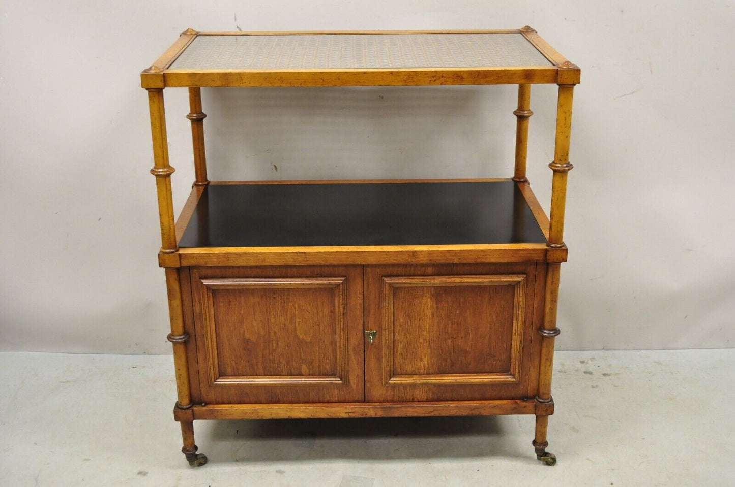 Vintage Faux Bamboo Hollywood Regency 2 Tier Cane Top Bar Cart Server Cabinet