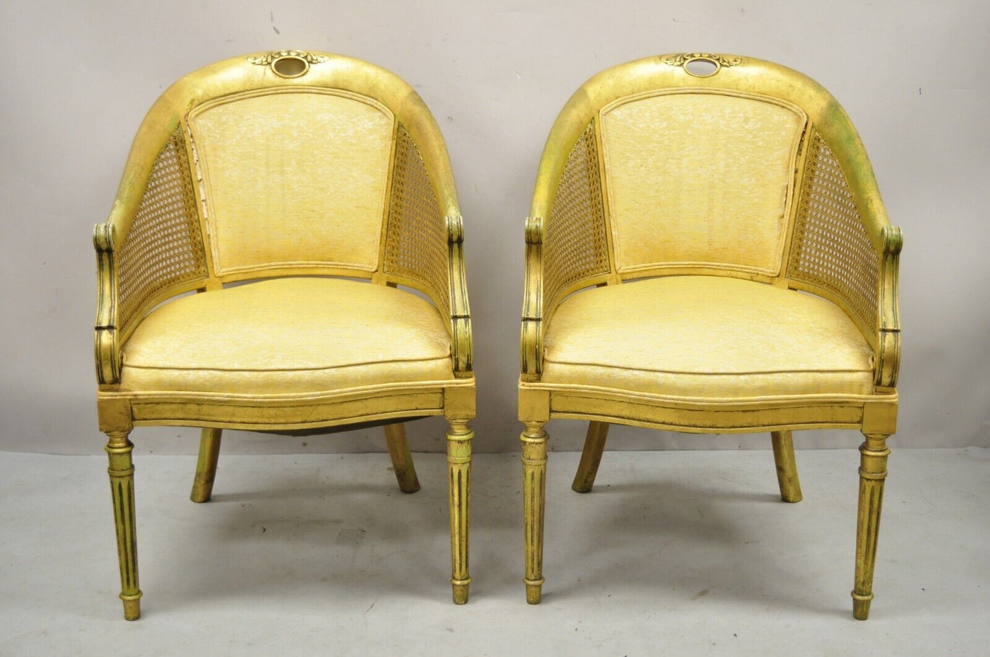 French Hollywood Regency Gold Gilt Barrel Back Cane Lounge Chairs - a Pair