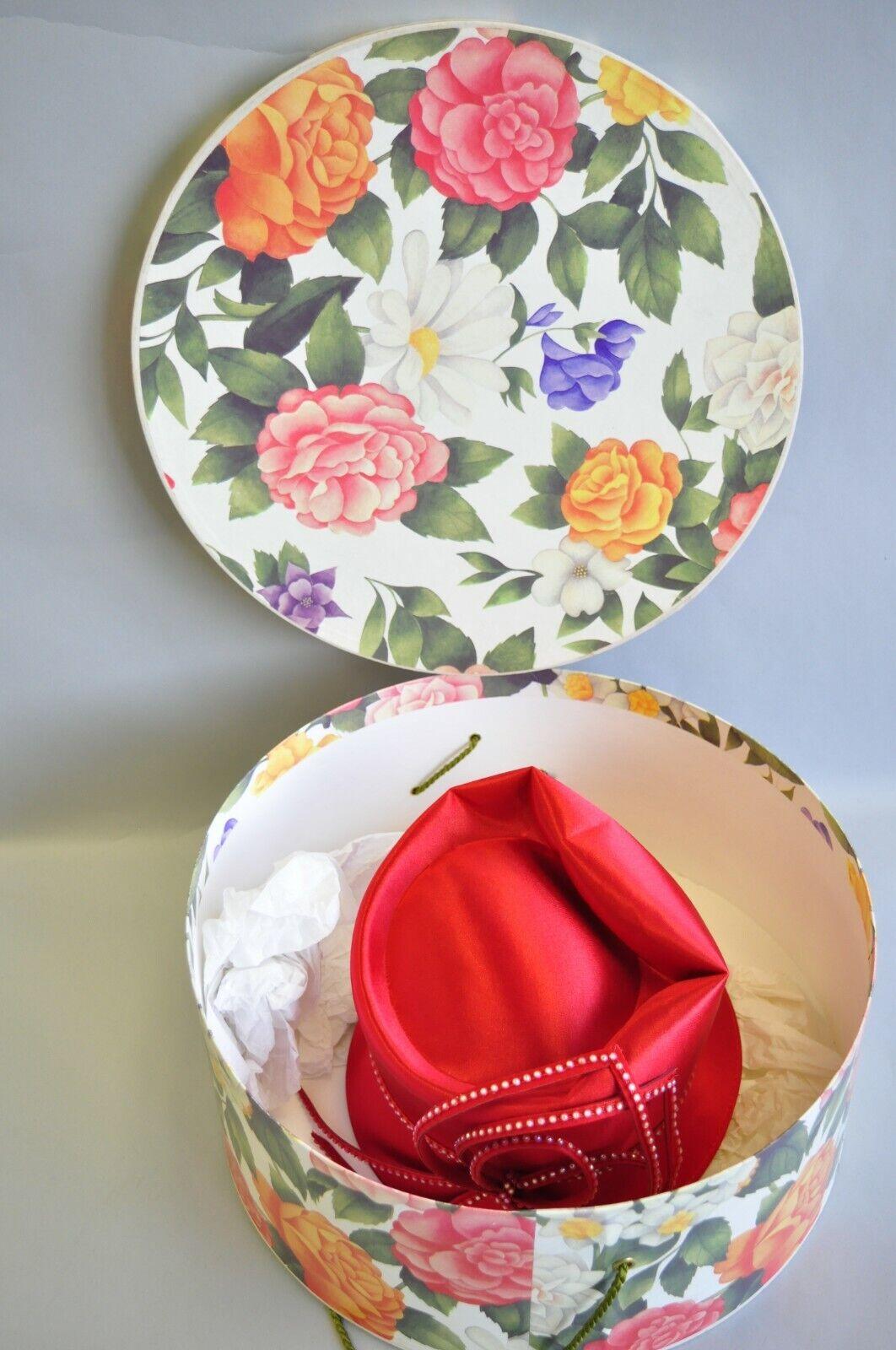 Red Satin Beaded Ribbon Church Derby Top Hat Attributed to Shellie McDowell