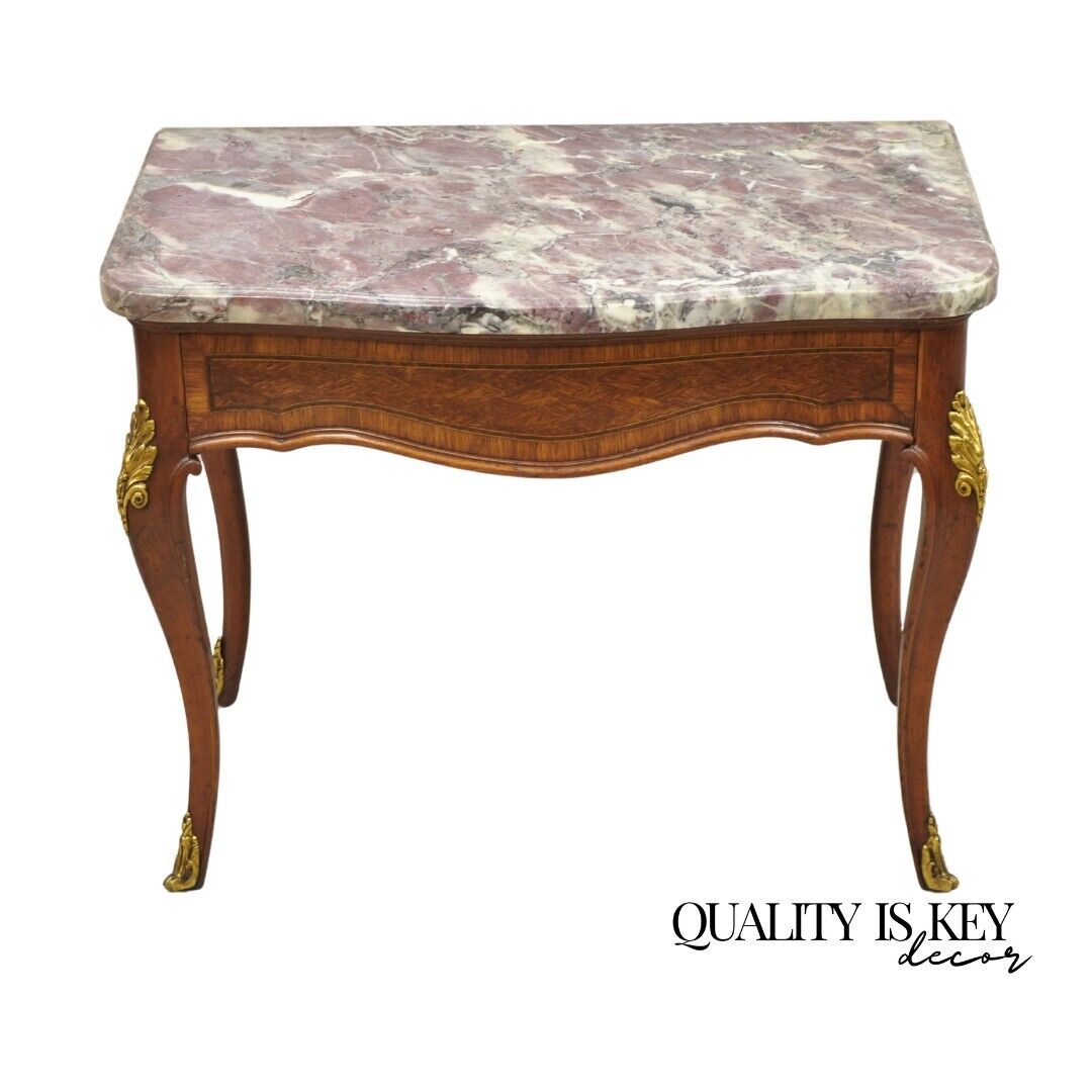 French Louis XV Style Rouge Marble Top Low Console Side Table with Drawer