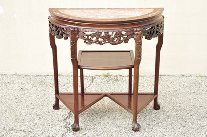 Vintage Oriental Chinese Carved Hardwood Demilune Marble Top Console Table