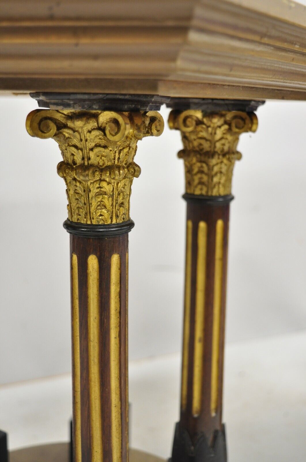 Pair Vintage French Empire Corinthian Column Glass Top Hexagon Small Side Tables