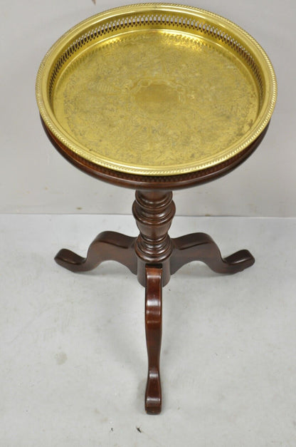 Vintage English Queen Anne Style Small Pedestal Side Table with Brass Tray Top