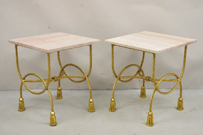 Italian Hollywood Regency Gold Iron Rope Tassel Pink Marble Top Side Table Pair