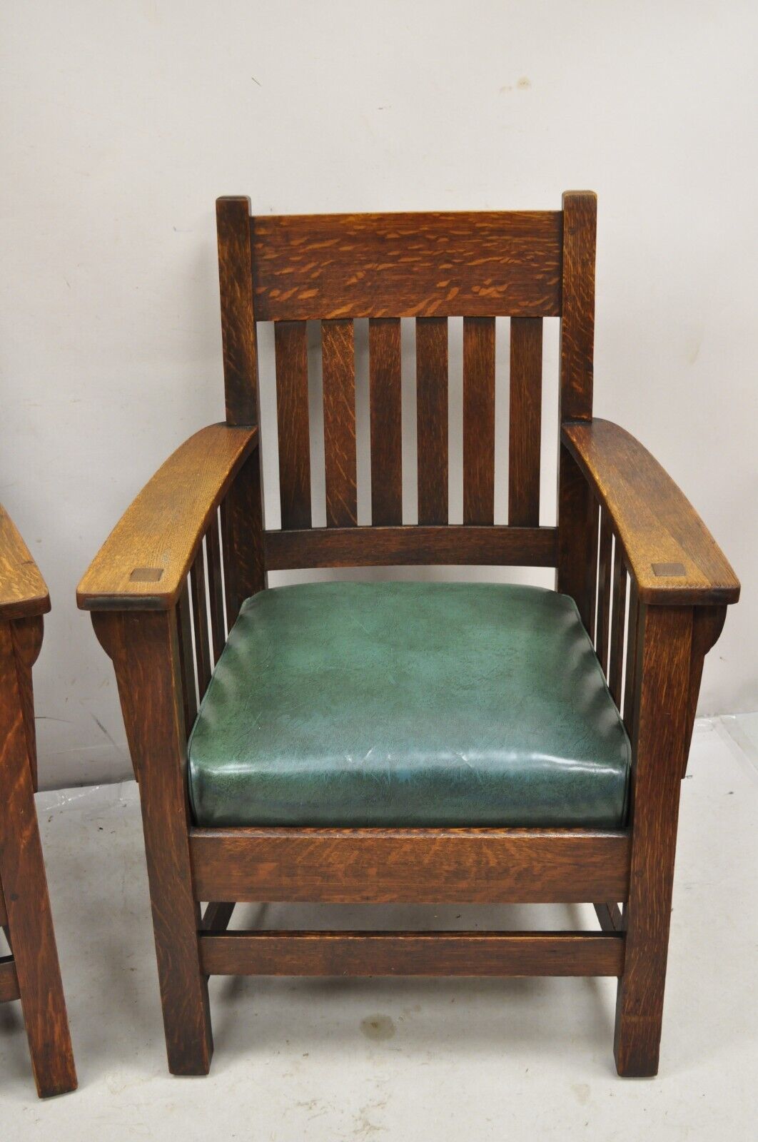 Mission Oak Arts & Crafts Stickley JM Young Style Lounge Arm Chairs Green - Pair