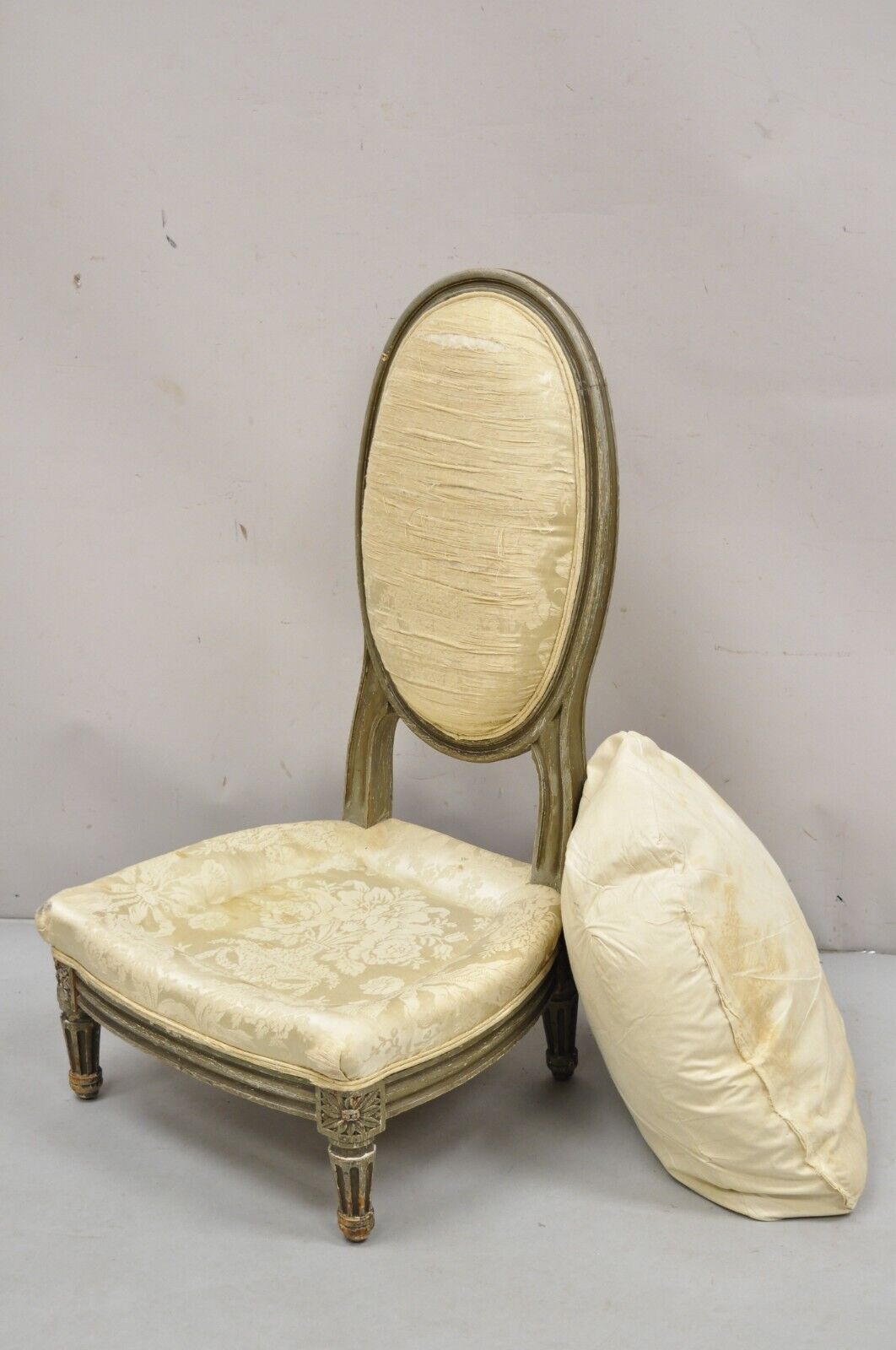 Antique French Louis XVI Style Distress Painted Boudoir Slipper Low Chair