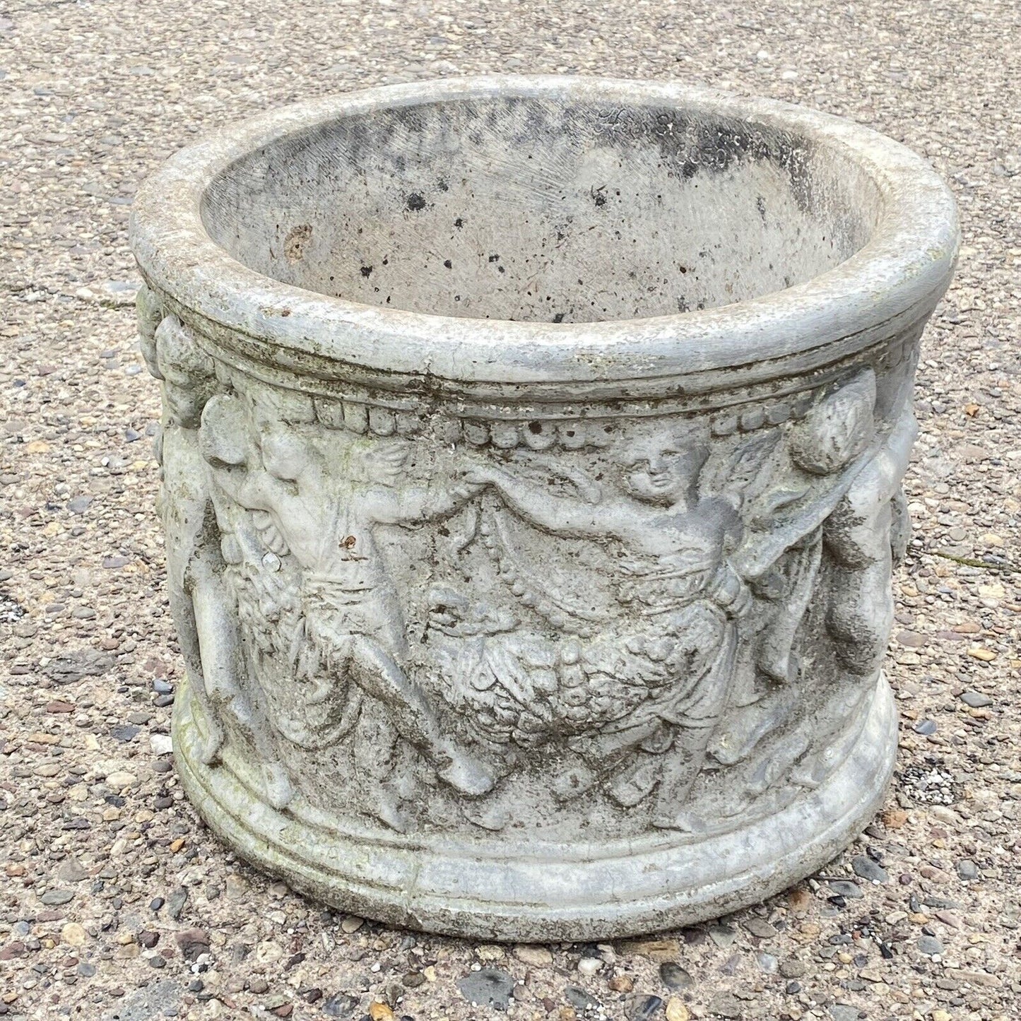 Vtg Henri Studio Concrete Cement 15" Round Classical Cherub Garden Planter Pot