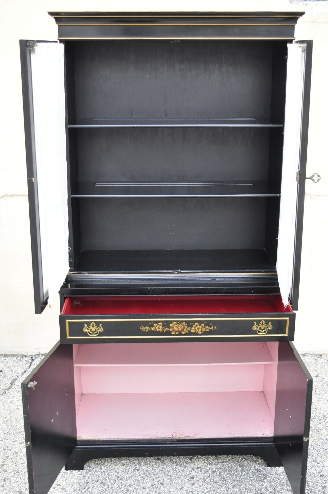 Vintage Chinoiserie Drexel Style Oriental Black Painted Glass Door China Cabinet