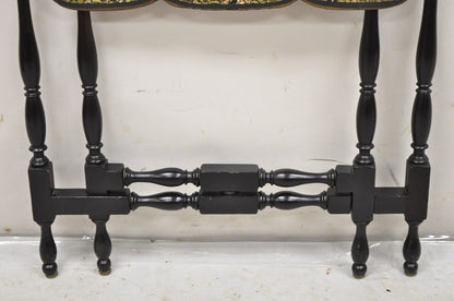 Victorian Black Ebonized Bird Painted Folding Side Table Mother of Pearl Inlay