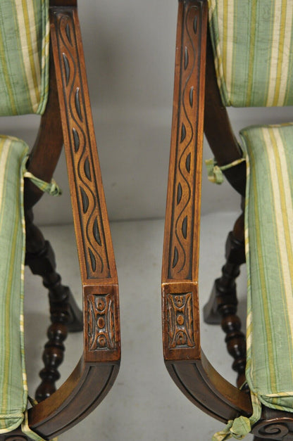 Antique Italian Renaissance Carved Walnut Savonarola Throne Arm Chairs - a Pair