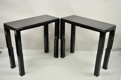 Black Lacquer James Mont Style Oriental Modern Sofa Hall Console Tables - Pair