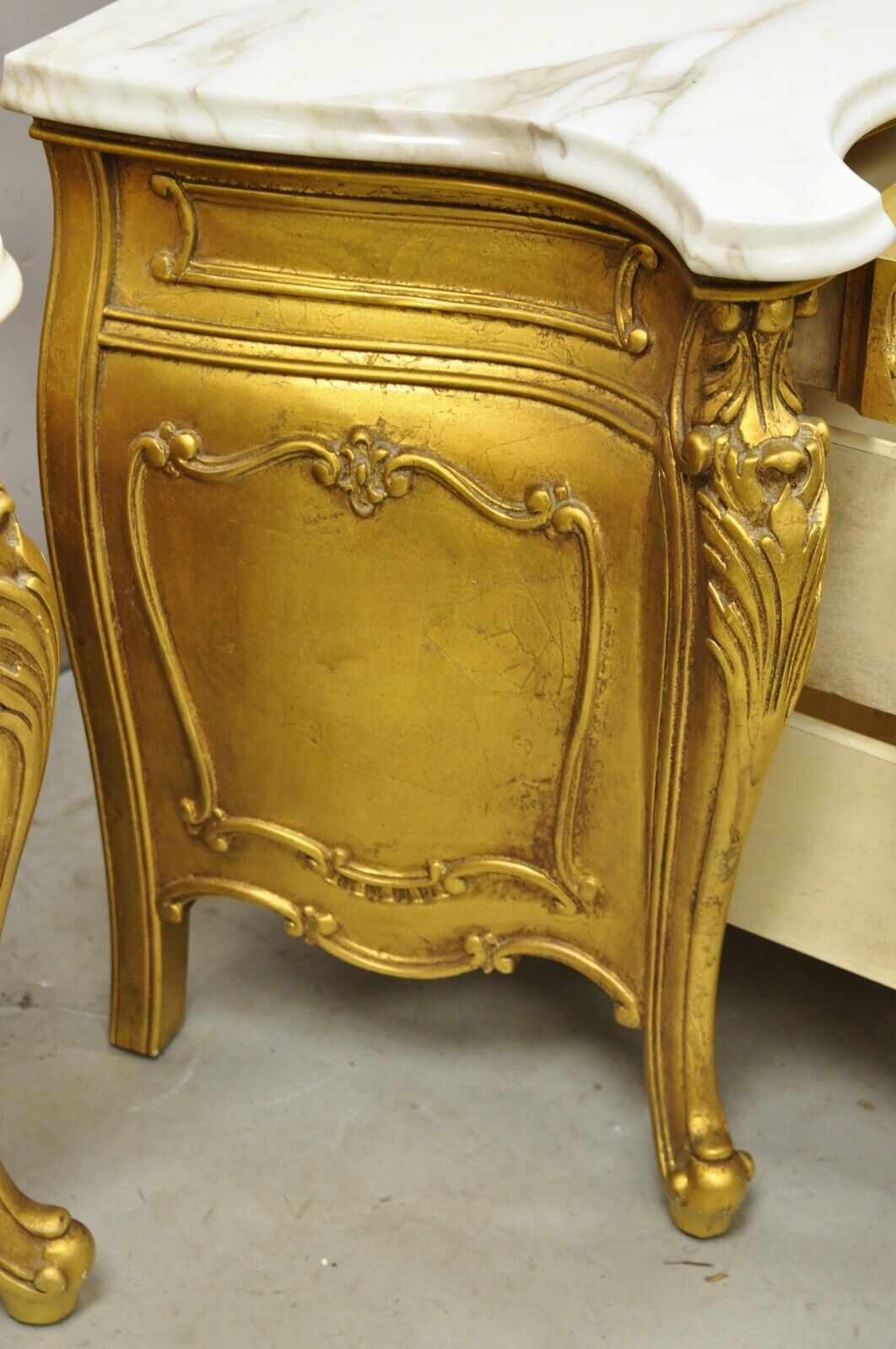 Vintage French Louis XV Style Gold Bombe Marble Top Nightstands - a Pair