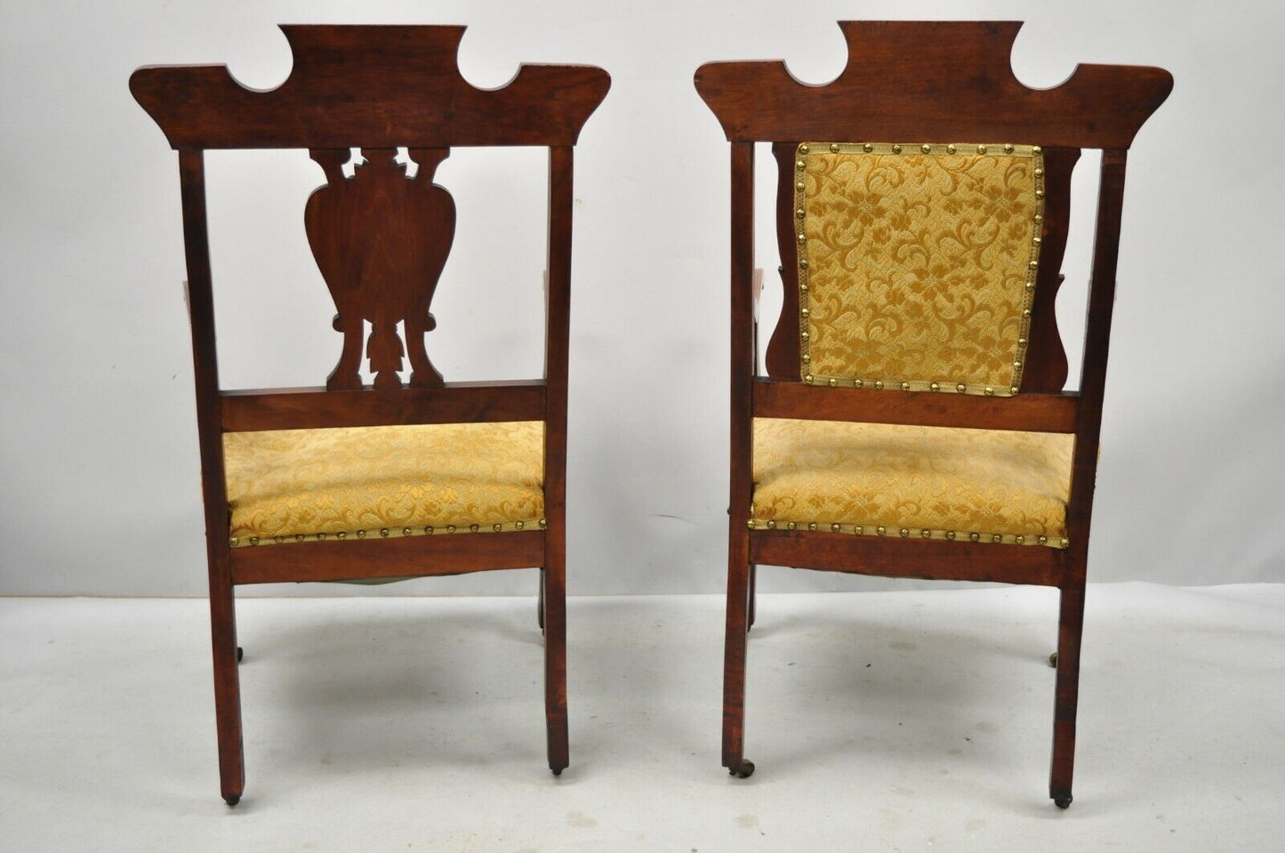 Pair of Antique Eastlake Victorian Mahogany Inlaid Parlor Arm Chairs