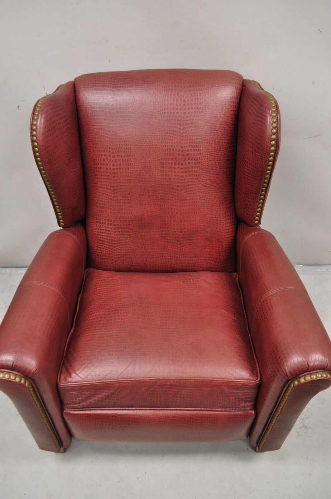 Ethan Allen Burgundy Red Croc Print Leather Upholstered Wingback Recliner Chair