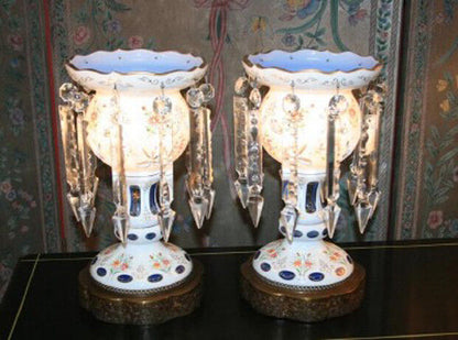 Antique Pair of Bohemian Cased Blue Glass & Crystal Lustre Table Lamps Mantel