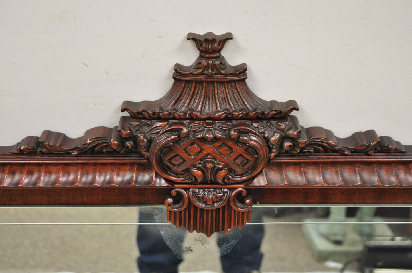 Vintage Chinese Chippendale Carved Mahogany Pagoda Large Wall Mirror