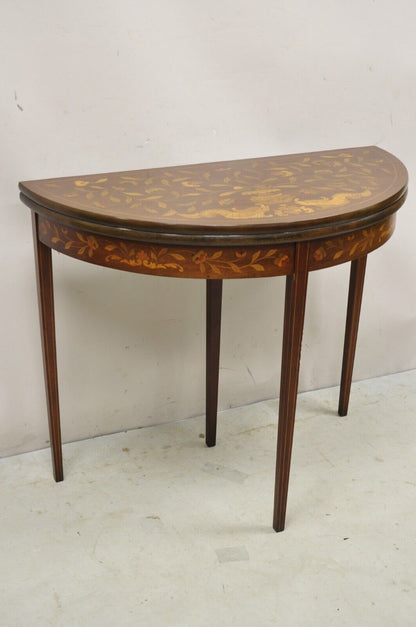 Antique Dutch Marquetry Inlay Flip Top Demilune Console Game Table