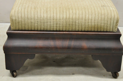Antique American Empire Flame Mahogany Upholstered Ottoman Footstool on Wheels