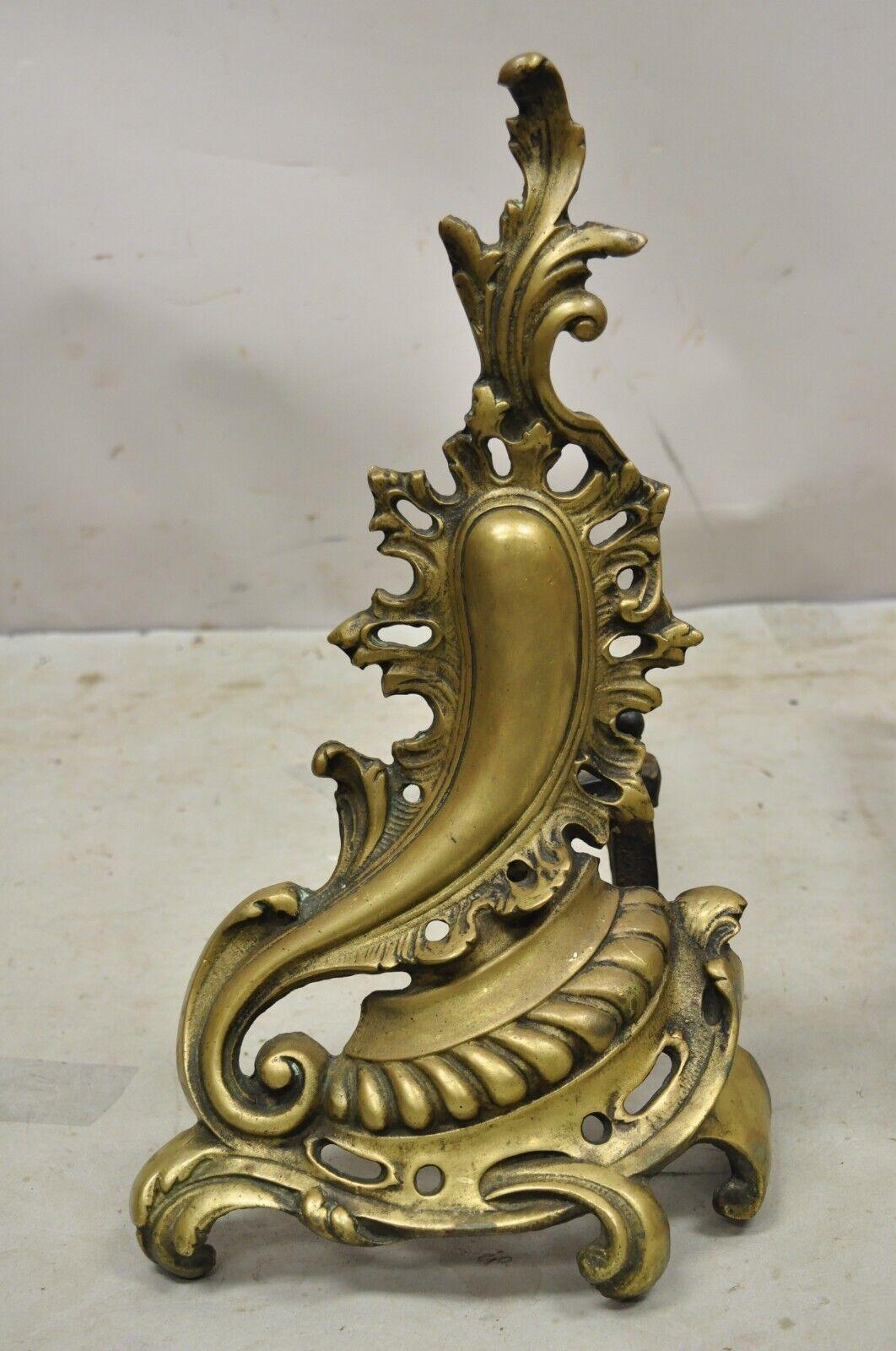 Antique French Rococo Baroque Style Brass Leafy Acanthus Andirons - a Pair