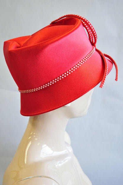 Red Satin Beaded Ribbon Church Derby Top Hat Attributed to Shellie McDowell