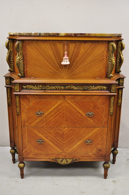 Antique French Louis XVI Style Marble Top Satinwood Tall Chest Dresser w/ Swans